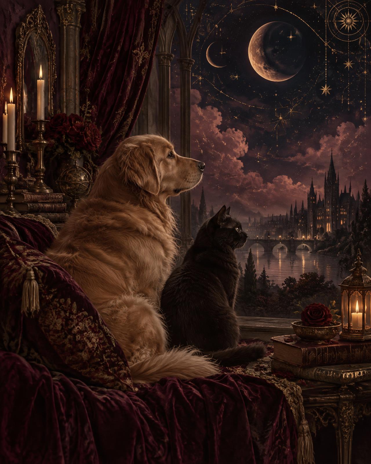 A dog and a cat gazing at a moonlit sky